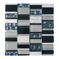 White, Black and Blue Random Brick Rectangle Pattern Glass Mosaic Tiles - Home Decor