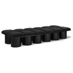 Meridian Furniture - Pavilion Black Boucle Fabric Bench, Black, Black Finish, 93" W X 36" D X 17.5" H - Bring valuable seating and remarkable style to your space with this black Pavilion Boucle Fabric Bench, an exquisite balance of style and usability for the entryway, bedroom, and beyond. Crafted from oak veneer with a black finish, this bench has a 4-inch-thick seat cushion that's channel-tufted for a touch of luxury. The bench's columnar bases add a dash of Art Deco design, making it a captivating focal point in any room.