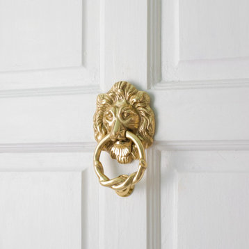 Solid Cast Brass Lion Front Door Knocker 6.25" Tall Lacquered Brass Finish