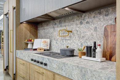 Ispirazione per una grande cucina moderna con lavello sottopiano, ante con riquadro incassato, ante in legno scuro, elettrodomestici da incasso, pavimento in cemento e pavimento grigio
