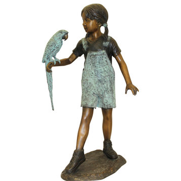 Girl Holding a Parrot Bronze Statue -  Size: 26"L x 19"W x 42"H.