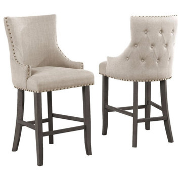 Beige Linen Fabric Barstools 29" Set of 2 with Tufted Seat Backs