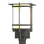 Hubbardton Forge - Tourou Outdoor Post Light, Coastal Natural Iron Finish, Opal Glass - Although the design is in honor of traditional Japanese stone lanterns, our Tourou Outdoor fixture is much easier to post-mount outside home or business. Metals bands crisscross and hug the square glass tube for design flare.