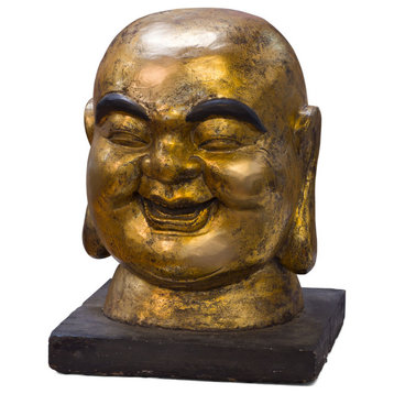 Gilded Wooden Chinese Happy Buddha Head  Sculpture