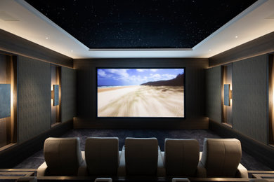 Inspiration for a medium sized contemporary home cinema in London with brown walls, carpet, a projector screen, black floors and feature lighting.