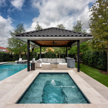 Custom Poolside Freestanding Arbor with Retractable Screens & Outdoor Kitchen