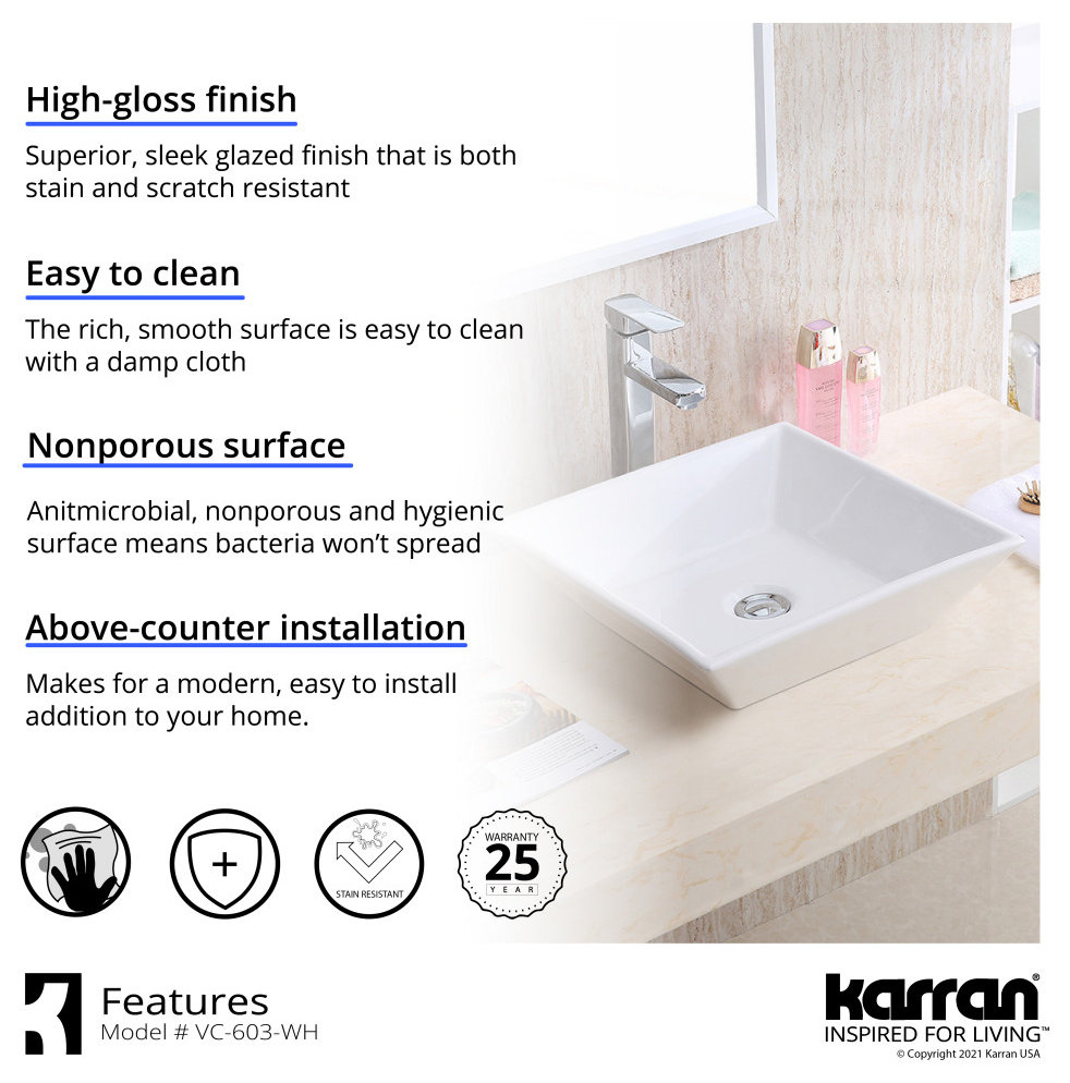 Karran VC-603-WH Valera 16" Vitreous China Vessel Bathroom Sink, White