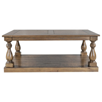 TATEUS Rustic Floor Shelf Coffee Table with Storage,Solid Pine Wood, Walnut