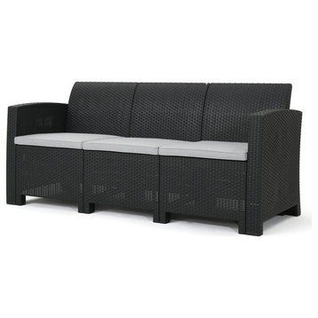 GDF Studio St. Pete Outdoor 3-Seat Faux Wicker Rattan Sofa, Charcoal/Light Gray