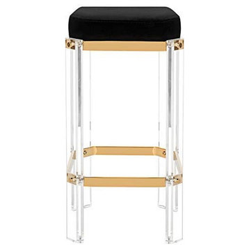 Elegant Bar Stool, Backless Velvet Seat With Acrylic Legs & Elegant Brass Accent