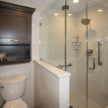 Sleek Contemporary Master Bathroom | Dark Vanity & Frameless Shower