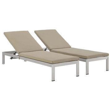 Pemberly Row Modern Fabric Patio Chaise Lounge in Beige (Set of 2)