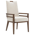 Tommy Bahama Home - Coles Bay Arm Chair - Fully upholstered, this dining arm chair features a functional exposed wood handle at the top and elegant wrap-around wooden frame design. Available as shown in fabric Ivory - a durable off-white textural weave with a cobblestone pattern and soft hand.
