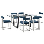 Armen Living - Kai Anastasia Glass Dining Table 7-Piece Set, Brushed Steel, Blue Fabric - Give a sophisticated upgrade to your dining area with the Kai Anastasia Dining Set by Armen Living. This set includes 1 Kai Rectangular Glass Dining Table with Metal base and 6 Anastasia Upholstered Dining Chairs. The crisp and clean-lined design of our dining set offers modern drama and elegance. The rectangular, glass tabletop beautifully balances on a streamlined metal base. The sharp angles and contrasting finishes lend a touch of polish and definition to our dining table. It serves as a brilliant complement to our Anastasia dining chairs. The Anastasia's cushioned backrest and padded seat showcase a neat channeling detail that provides texture for a chic and inviting look. Creating a beautiful contrast with the sleek frame and comfortable cushions, these dining chairs are set to make a stylish impact. The chair is upholstered in performance fabric or smooth faux leather to offer easy care and maintenance. Together, this dining set can bring an elevated tone to your kitchen, dining room, or living space. It serves as the perfect spot to enjoy dinners, engaging conversations, and activities. With sturdy construction and high-quality materials, our dining set will continue to bring style and comfort to your home. The Kai Anastasia 7 Piece Rectangular Glass Dining Table Set is available in matching finishes and a variety of colors, or sold separately to achieve any look you desire.