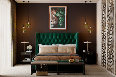 Design ideas for a medium sized contemporary master bedroom in London with black walls, carpet and feature lighting.