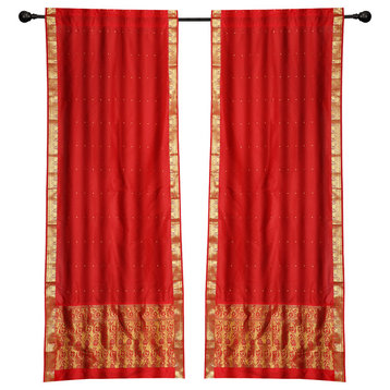 2 Lined Boho Red Sari Rod Pocket cafe Curtains Kitchen Drapes-43W x 24L