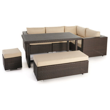 GDF Studio Santa Maria Outdoor Dining Sofa Set With Aluminum Frame, Multi-Brown/Beige