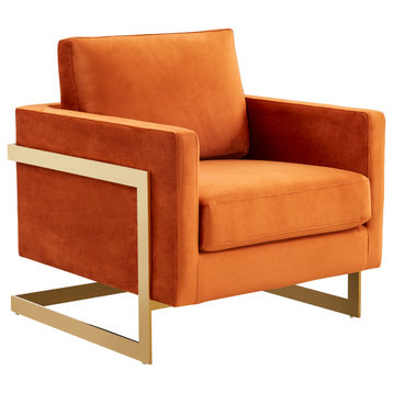 LeisureMod Lincoln Velvet Accent Armchair with Gold Frame - Orange Marmalade