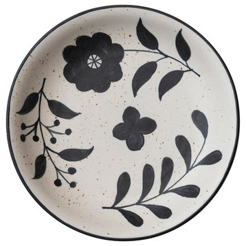 Hand Painted Stoneware Bowl with Floral Design, Black and White