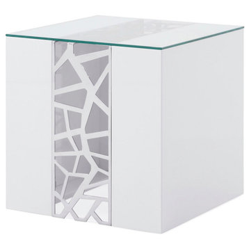 Liera End Table Glass Top White Lacquer Base Stainless Steel Cutout Details