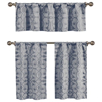 Dawn Jacquard Window Curtain Set, Botanical Design, 1 Valance, 2 Tiers, Blue
