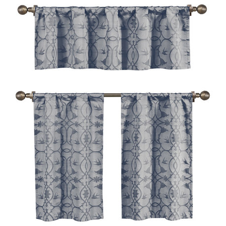 Dawn Jacquard Window Curtain Set, Botanical Design, 1 Valance, 2 Tiers, Blue