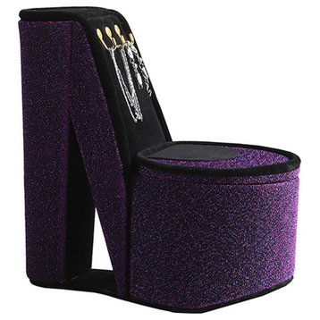 Benzara BM240355 High Heel Shoe Jewelry Box With 3 Hooks and Storage, Purple
