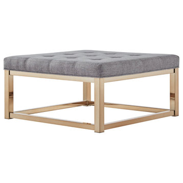 Elegant Ottoman, Champagne Gold Frame With Button Tufted Linen Fabric Seat, Gray