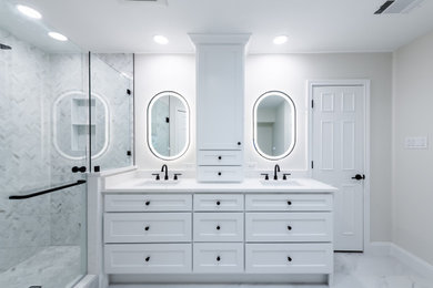 Design ideas for a medium sized classic ensuite bathroom in Dallas with shaker cabinets, white cabinets, a freestanding bath, an alcove shower, a one-piece toilet, vinyl flooring, a submerged sink, engineered stone worktops, white floors, a hinged door, white worktops, a wall niche, double sinks and a built in vanity unit.