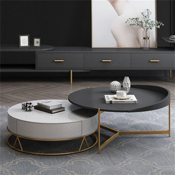 Round Nesting Coffee Table with Storage Rotatable Drawers Wood in White & Black