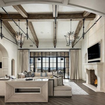 Open Concept Family Room with Fireplace and Glass Doors