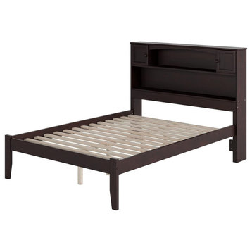 Contemporary Full Platform Bed, Headboard With Cabinets and Open Shelf, Espresso