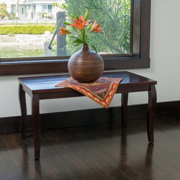 Contemporary Living Room Space Ft. Mahogany Wood Coffee Table, Red