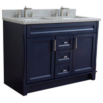 48" Double Sink Vanity, Blue Finish With Gray Granite And Rectangle Sink