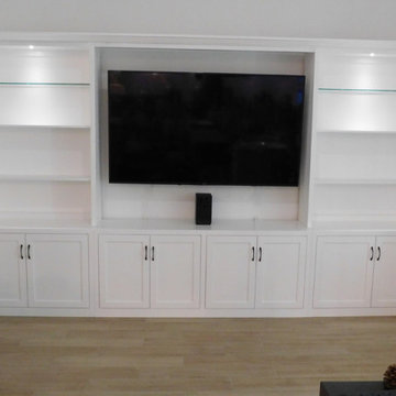 Custom Free Standing Entertainment Center with Glass Top Shelves, Shaker Doors