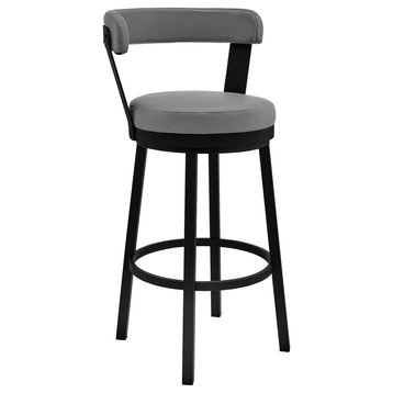 Kobe 26" Counter Height Swivel Bar Stool in Black Finish and Gray Faux Leather