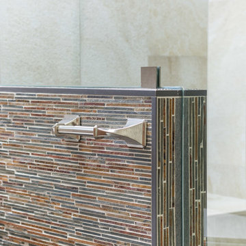 Custom Mediterranean Bathroom Remodel in Woodland Hills with Natural Wood Vanity