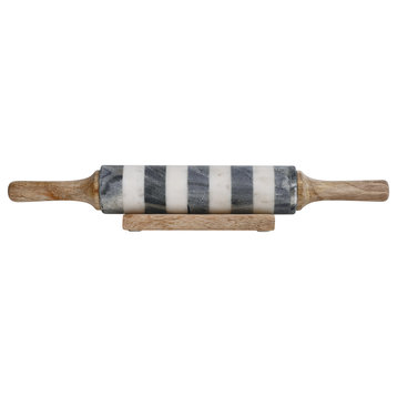 Striped Marble Rolling Pin with Wood Stand, Natural, Black, and White