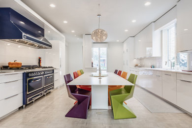 Large trendy galley light wood floor and gray floor eat-in kitchen photo in Indianapolis with a single-bowl sink, flat-panel cabinets, white cabinets, quartz countertops, white backsplash, glass tile backsplash, colored appliances, no island and white countertops