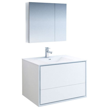 Catania 36" White Wall Hung Bathroom Vanity Set, Diveria Faucet, Chrome