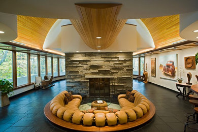 Living room - large contemporary open concept and formal slate floor living room idea in DC Metro with white walls, a standard fireplace, a stone fireplace and no tv