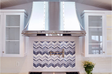 Inspiration for a large cottage u-shaped medium tone wood floor open concept kitchen remodel in Los Angeles with a drop-in sink, open cabinets, white cabinets, marble countertops, multicolored backsplash, stainless steel appliances, an island and ceramic backsplash