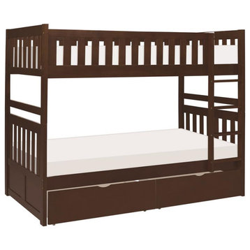 Lexicon Rowe Wood Twin over Twin Bunk Bed with Storage Boxes in Dark Cherry