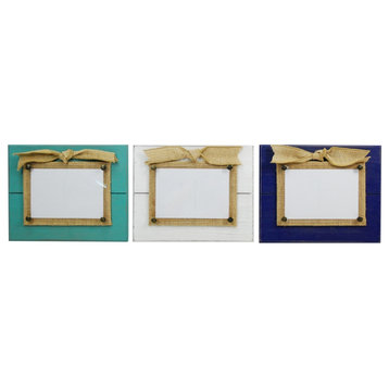 Beadboard With Burlap Bow 4X6 Photo Frames Set of 3 Teal White and Navy