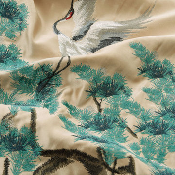 QYHL226A Silver Beach Embroidered Pine Trees And Cranes Faux Silk Custom Made Cu