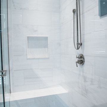 Modern Master Bathroom Renovation, Corner Shower Design, Built in Shower Bench,