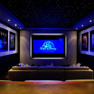 Inspiration for a contemporary home cinema in Dallas.