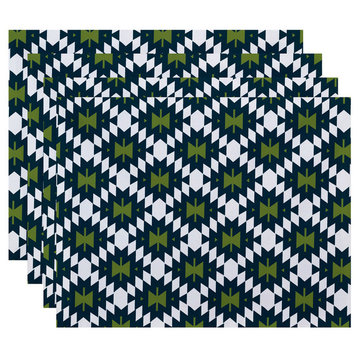 18"x14" Jodhpur Kilim 2, Geometric Print Placemat, Teal, Set of 4