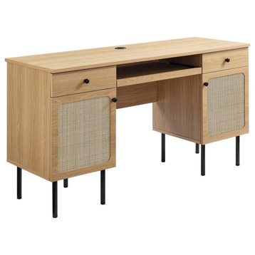 Cane Desk, Natural Oak Wood Rattan Office Desk, Wooden Home Office Desk