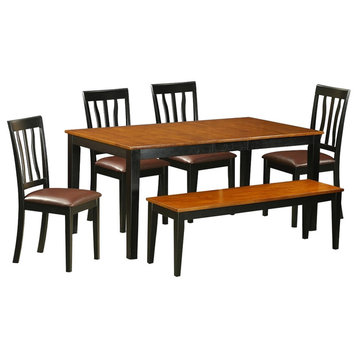 6-Piece Kitchen Table Set, Dining Table and 4 Wood Chairs Plus a Bench, Black